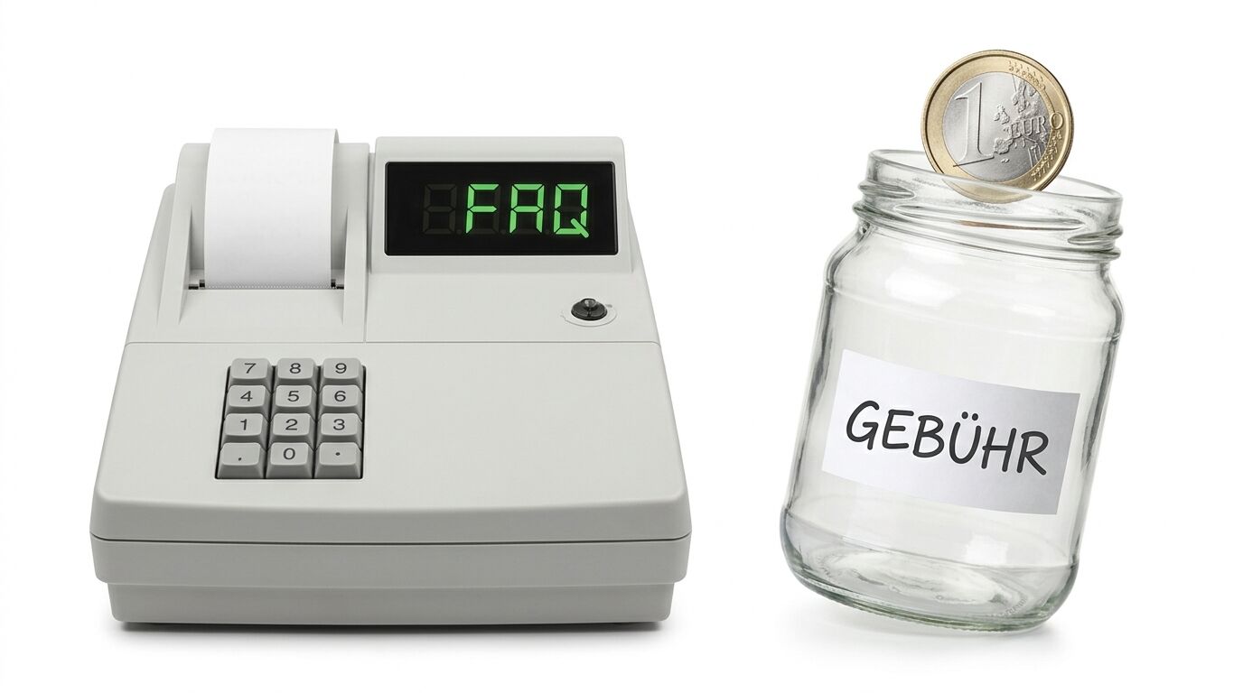Kasse mit „FAQ“-Anzeige neben einem Glas für „GEBÜHR“, in das ein Euro fällt