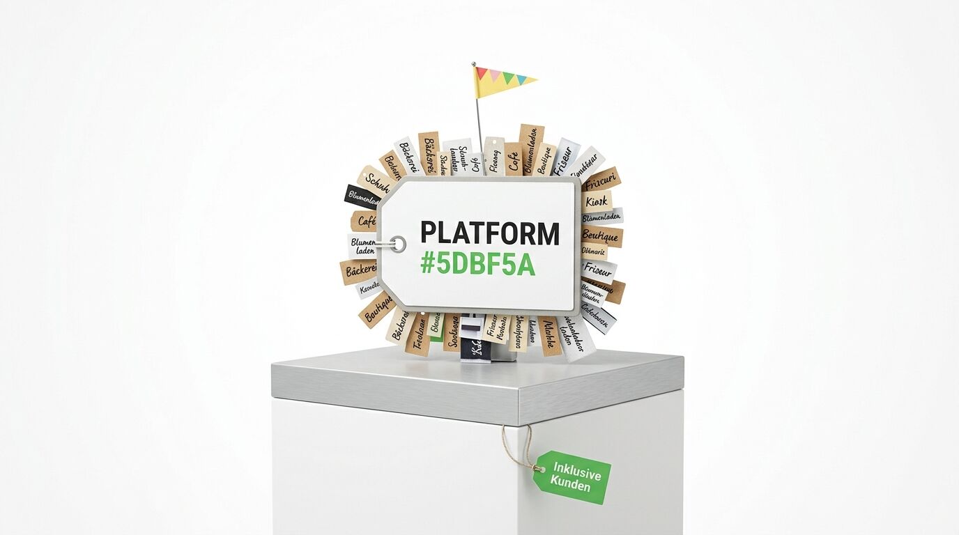 Podest mit einem Schild mit der Aufschrift „PLATFORM #5DBF5A“ und der Tagline „Inklusive Kunden“