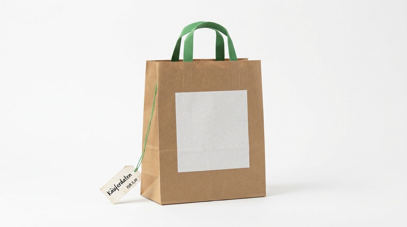 Papiertüte mit grünen Henkeln, weißem Aufkleber und Preisschild 