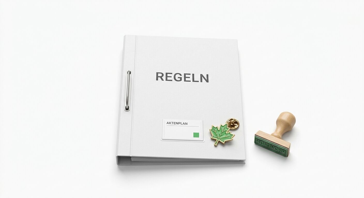 Draufsicht auf weißen Ordner „REGELN“, Blatt-Anstecknadel und Holzstempel auf weißem Grund