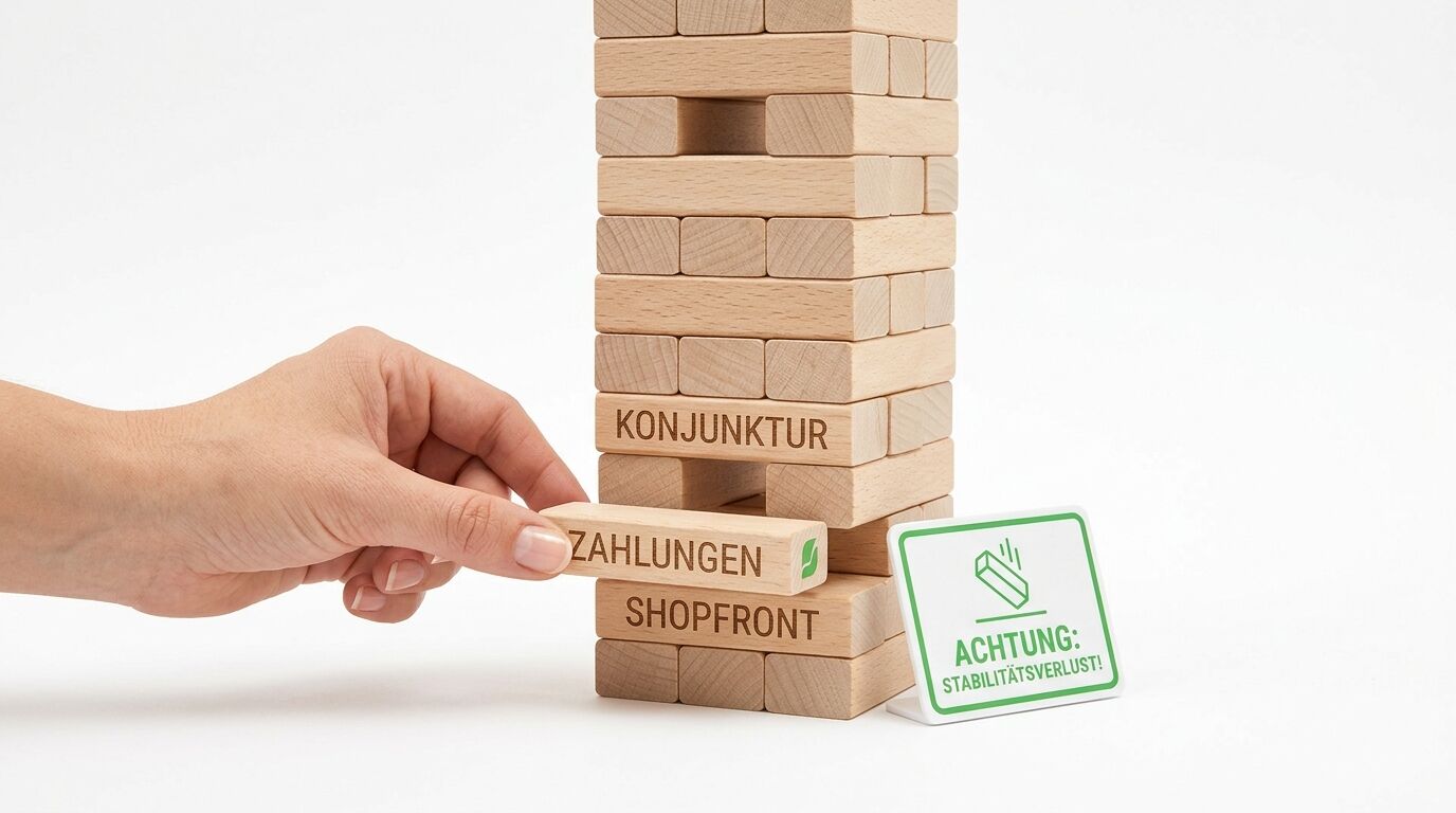 Hand zieht einen bedruckten Stein aus einem Wackelturm, daneben ein Warnschild