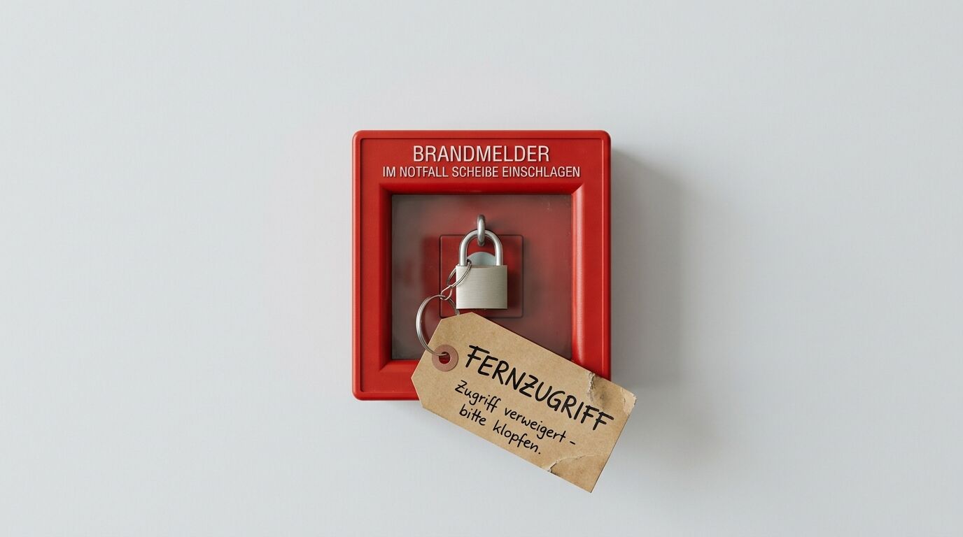 Ein roter Brandmelder an einer weißen Wand ist mit einem Vorhängeschloss verschlossen. An dem Schloss hängt ein Anhänger aus Kraftpapier, auf dem der Text „FERNZUGRIFF. Zugriff verweigert. Bitte klopfen.“ handgeschrieben ist. Der Brandmelder selbst ist mit der Aufschrift „BRANDMELDER. IM NOTFALL SCHEIBE EINSCHLAGEN“ versehen. Die Aufnahme erfolgt aus frontaler Perspektive bei neutralem Licht