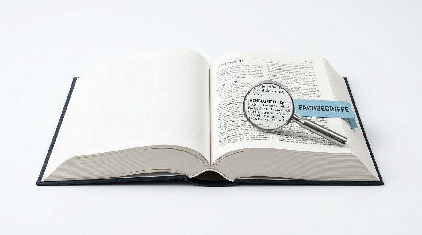 Offenes Buch mit Lupe und Lesezeichen „FACHBEGRIFFE“