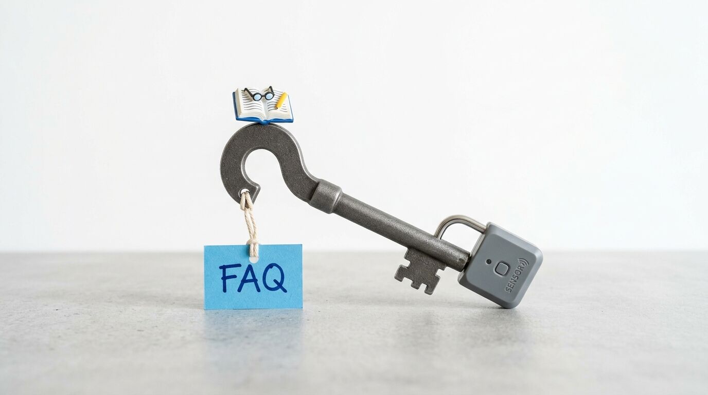 Schlüssel in Fragezeichenform mit Schloss, FAQ-Schild und winzigem Buch oben auf grauem Grund