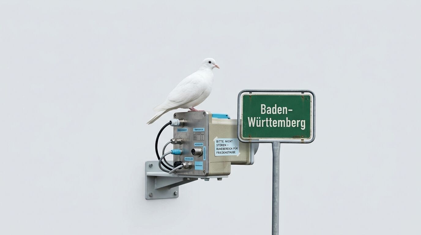 Weiße Taube sitzt auf technischem Gerät neben Baden-Württemberg-Schild vor weißer Wand