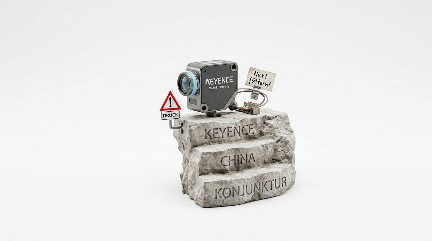 Keyence-Kamera auf einem Felsen mit Inschriften und einem Schild
