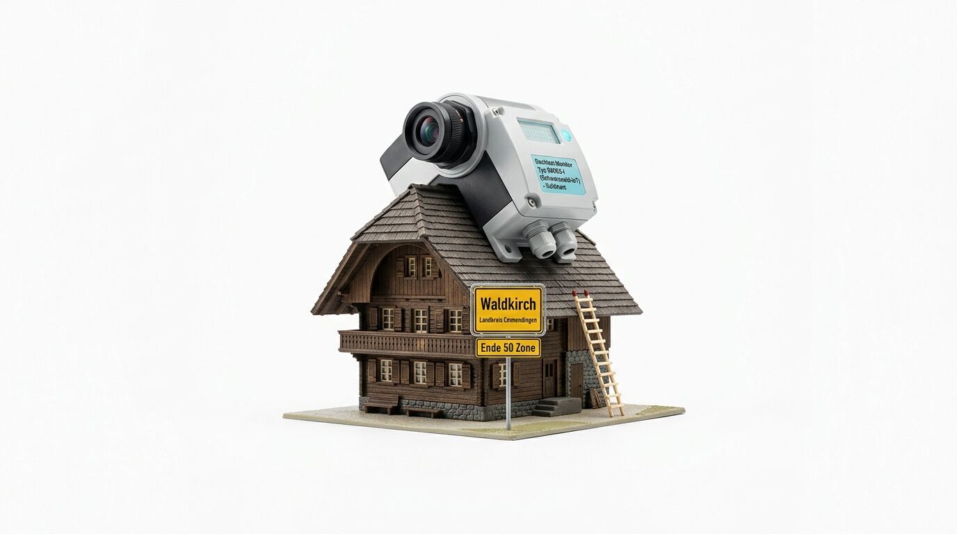 Ein Kamera-Monitor-System sitzt auf dem Dach eines Modell-Schwarzwaldhauses mit Ortsschild