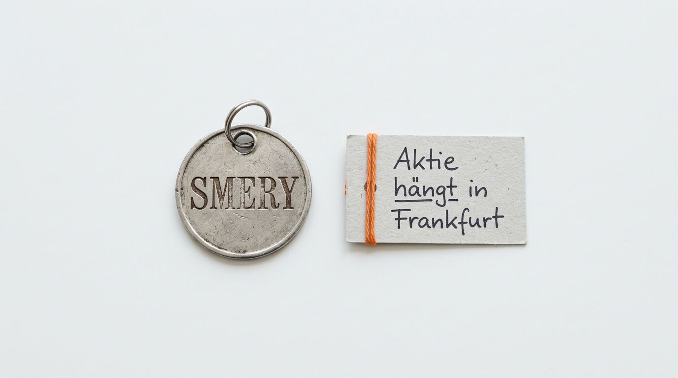 Metallmarke „SMERY“ und handgeschriebener Zettel „Aktie hängt in Frankfurt“ auf Weiß