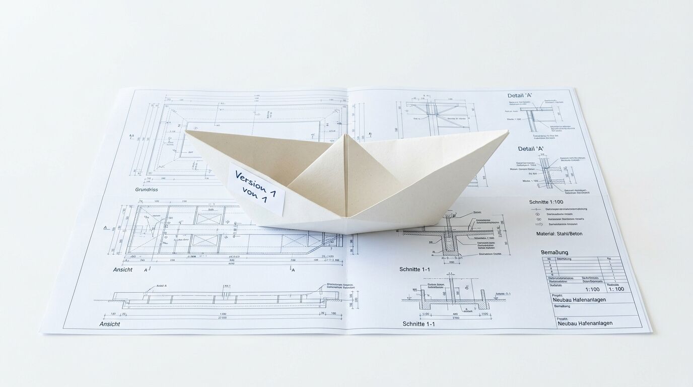 Ein Papierboot auf einem architektonischen Bauplan, beschriftet mit „Version 1 von 1“