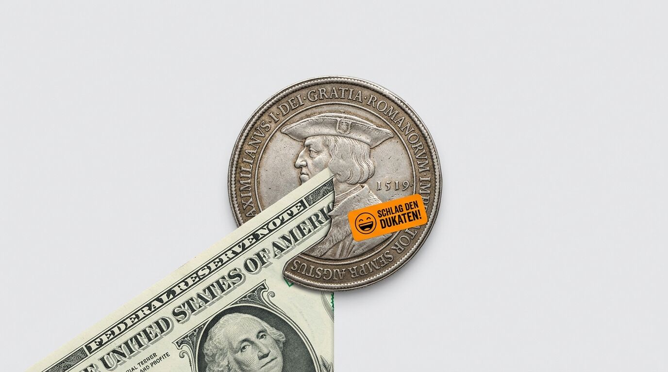 Eine Münze von 1519 mit eingestecktem US-Dollar, rechts ein orangefarbener Aufkleber mit Text