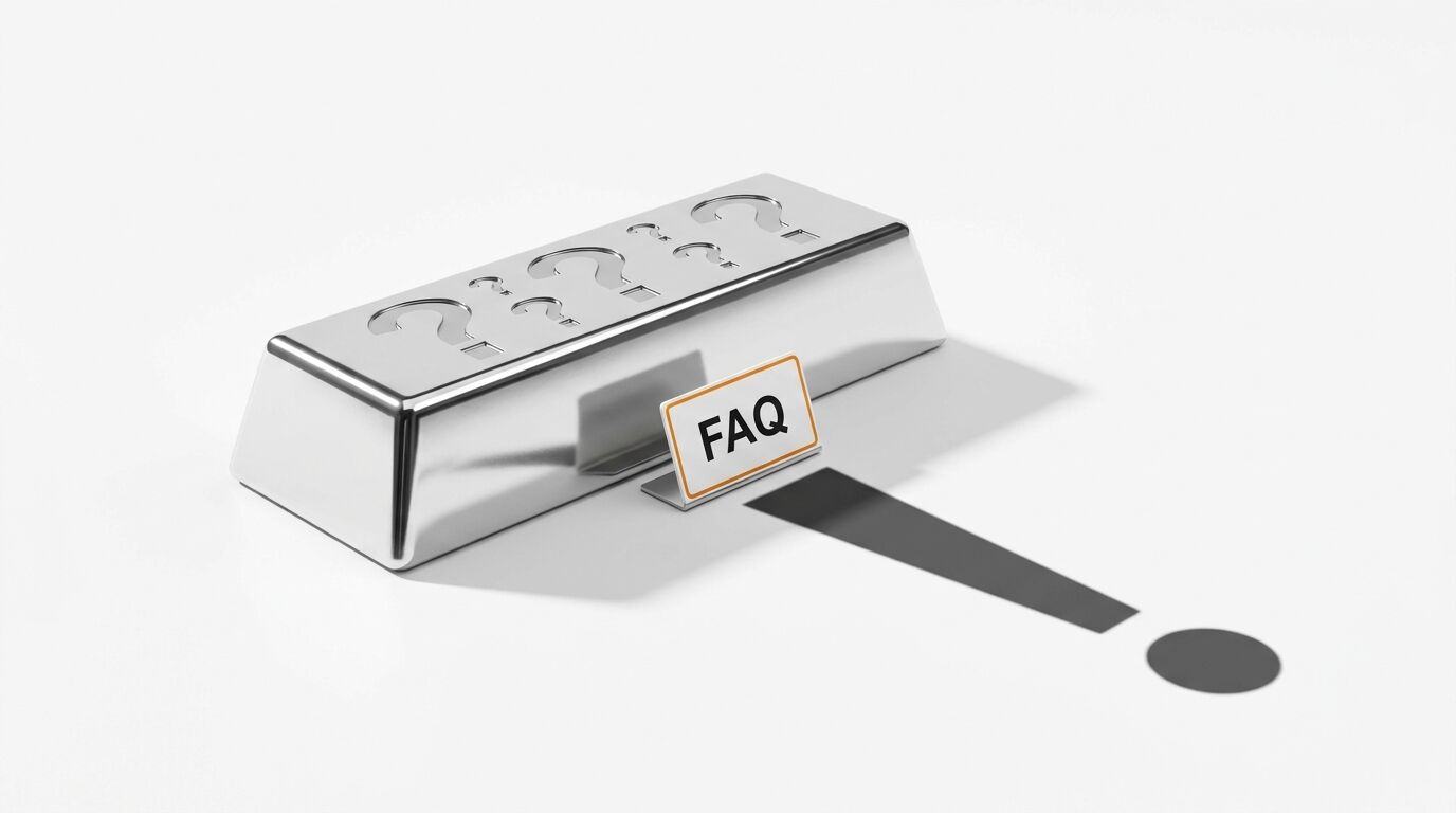 Silberbarren mit Fragezeichen, davor FAQ-Schild, Schatten wirft ein Ausrufezeichen