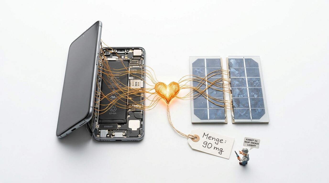 Geöffnetes Handy und Solarzellen, verbunden über ein leuchtendes Herz, mit Textanhänger und Figur