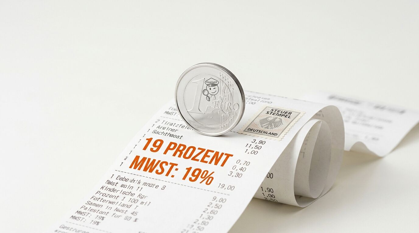Kassenbon mit orangefarbenem Aufdruck „19 PROZENT MWST“ sowie einer Ein-Euro-Münze