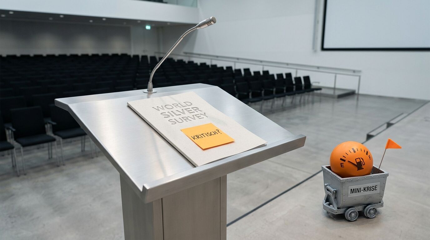 Pult mit „World Silver Survey“, kritischer Notiz und Miniatur-Lore „MINI-KRISE“ in leerem Saal
