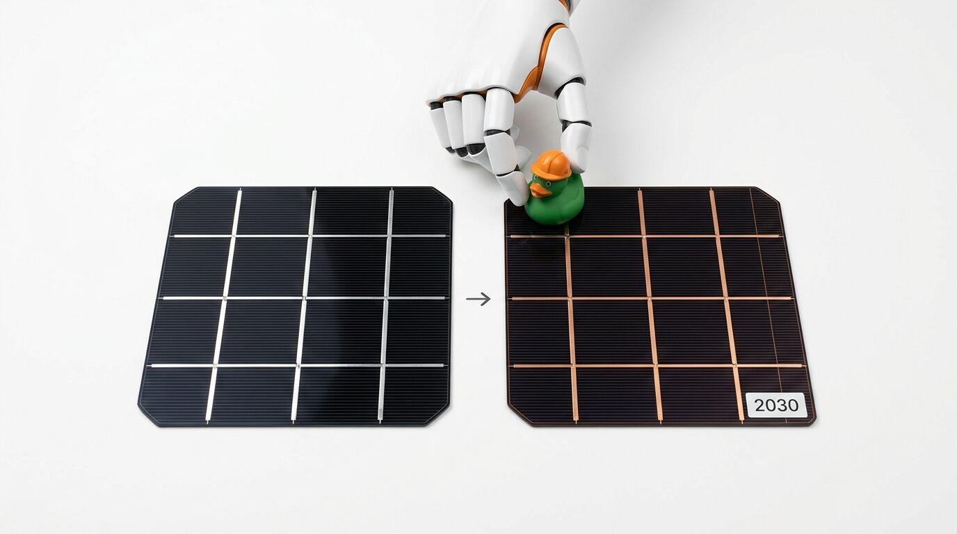 Vergleich zweier Solarzellen mit Pfeil, Roboterhand, Badeente und Jahr 2030