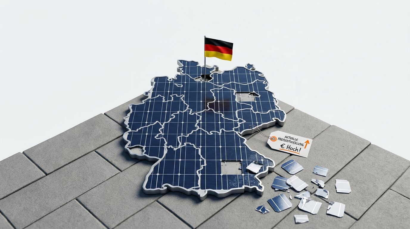 Deutschlandkarte aus Solarpanels, Flagge, Preisschild „AKTUELLE PREISENTWICKLUNG € Hoch!“ und Scherben