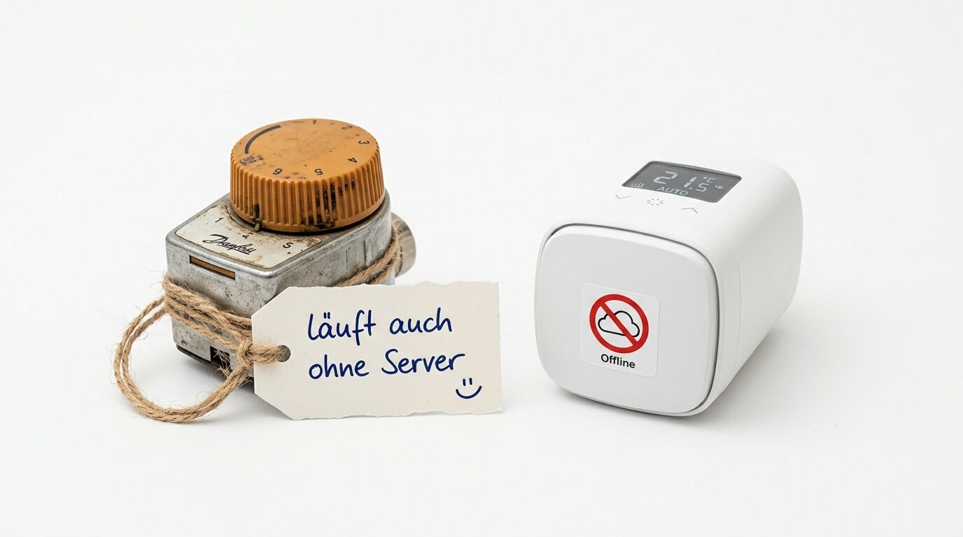 Ein mechanischer und ein digitaler Heizkörperthermostat auf weißem Hintergrund