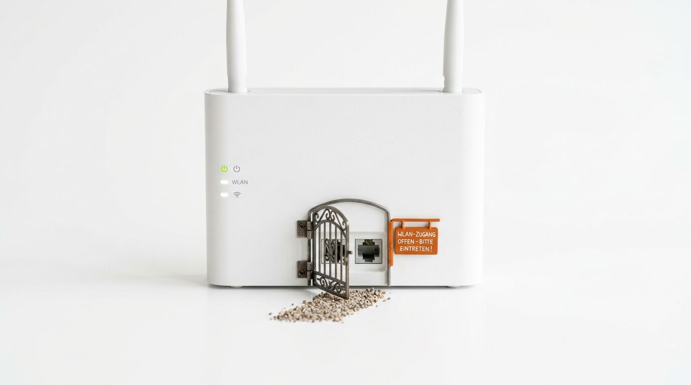 Router mit Tor und Schild: „WLAN-ZUGANG OFFEN - BITTE EINTRETEN!“