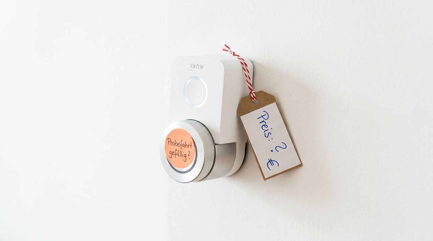 Ein weißes Nuki Smart Lock mit Aufkleber und Preisschild hängt an einer hellen Wand