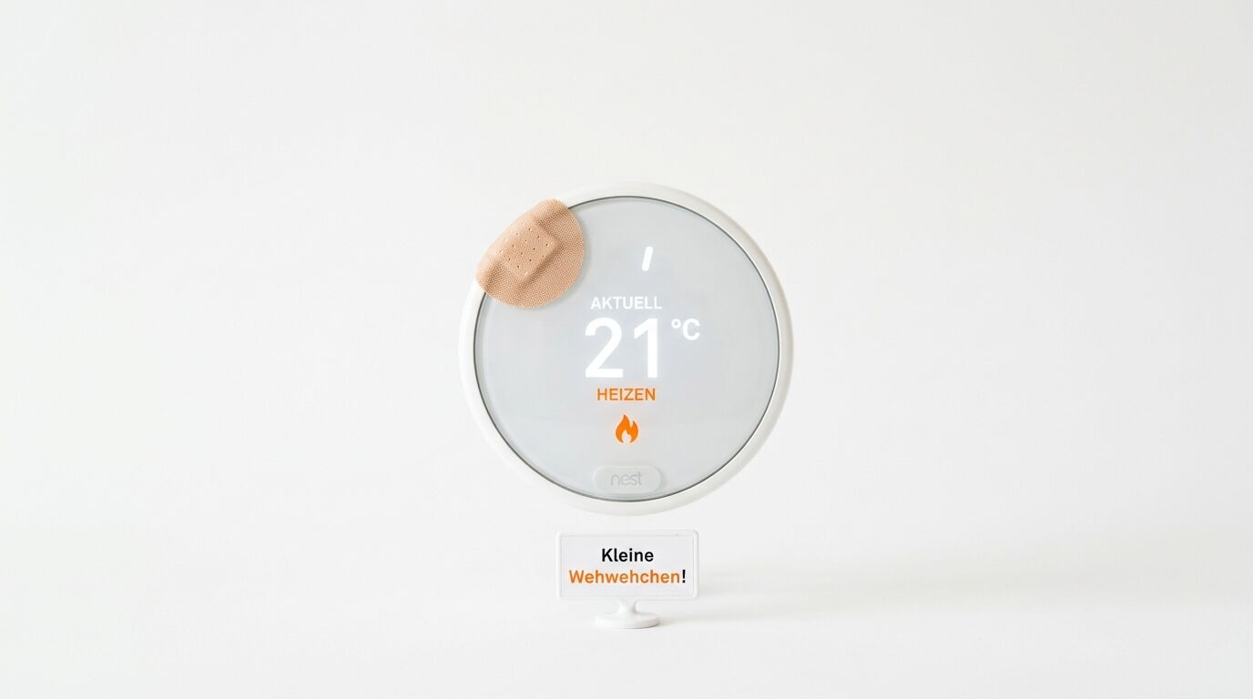 Ein Thermostat mit einem Pflaster darauf und einem Schild davor, auf dem steht: 