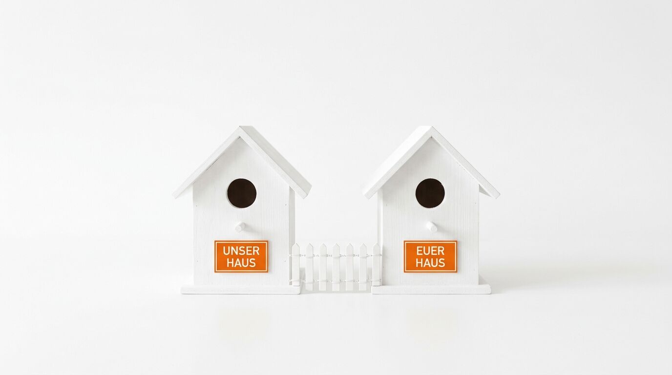 Zwei weiße Nistkästen, verbunden durch einen Zaun, mit Schildern „UNSER HAUS“ und „EUER HAUS“