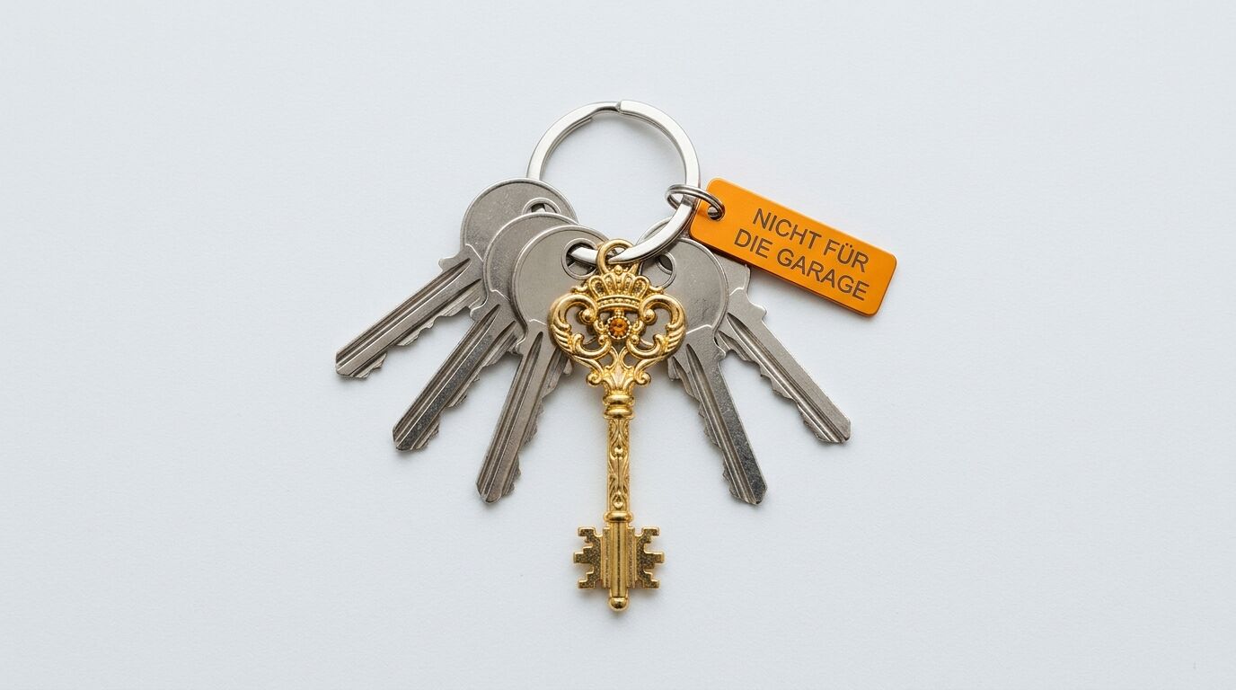 Schlüsselbund mit einem goldenen Zierschlüssel und Anhänger „NICHT FÜR DIE GARAGE“