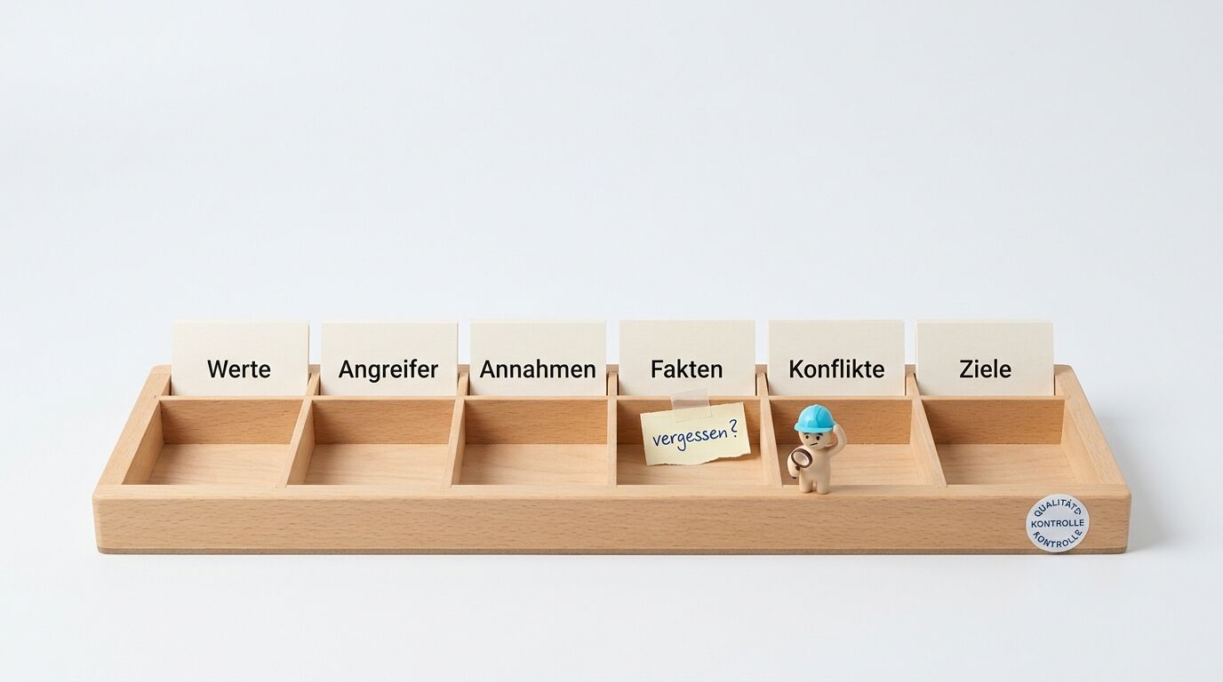 Ein Setzkasten mit Begriffen und einer Figur, die den Bereich Fakten prüft