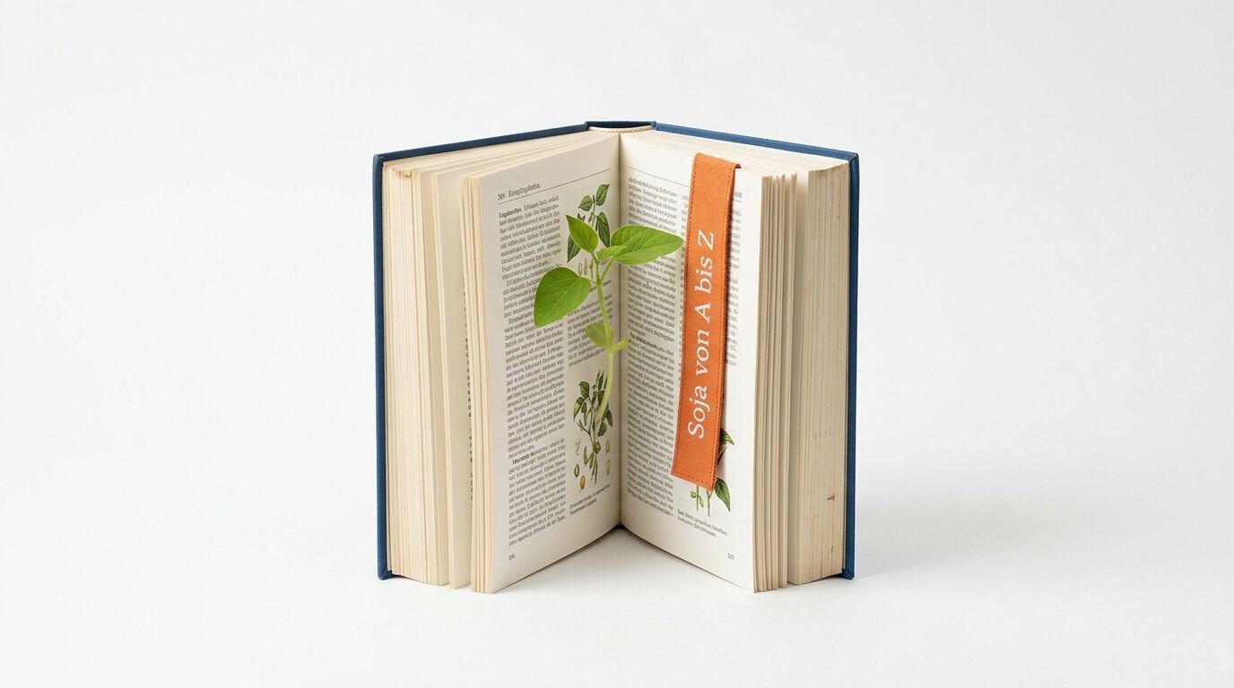 Offenes Buch mit blauer Deckung, ausgetriebenem Sojakeimling und orangem Lesezeichen