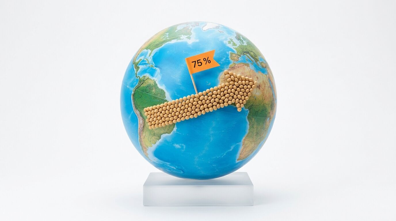 Globus mit Sojapfeil von Südamerika nach Afrika und Wimpel
