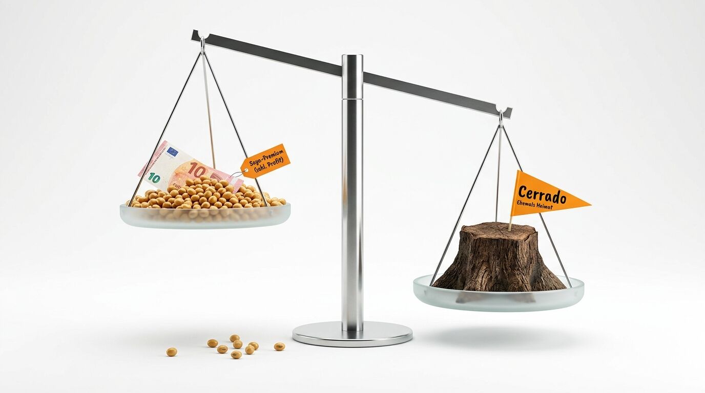 Waage mit Soja/Geld vs. Baumstumpf (Cerrado) und Textfähnchen auf weißem Grund