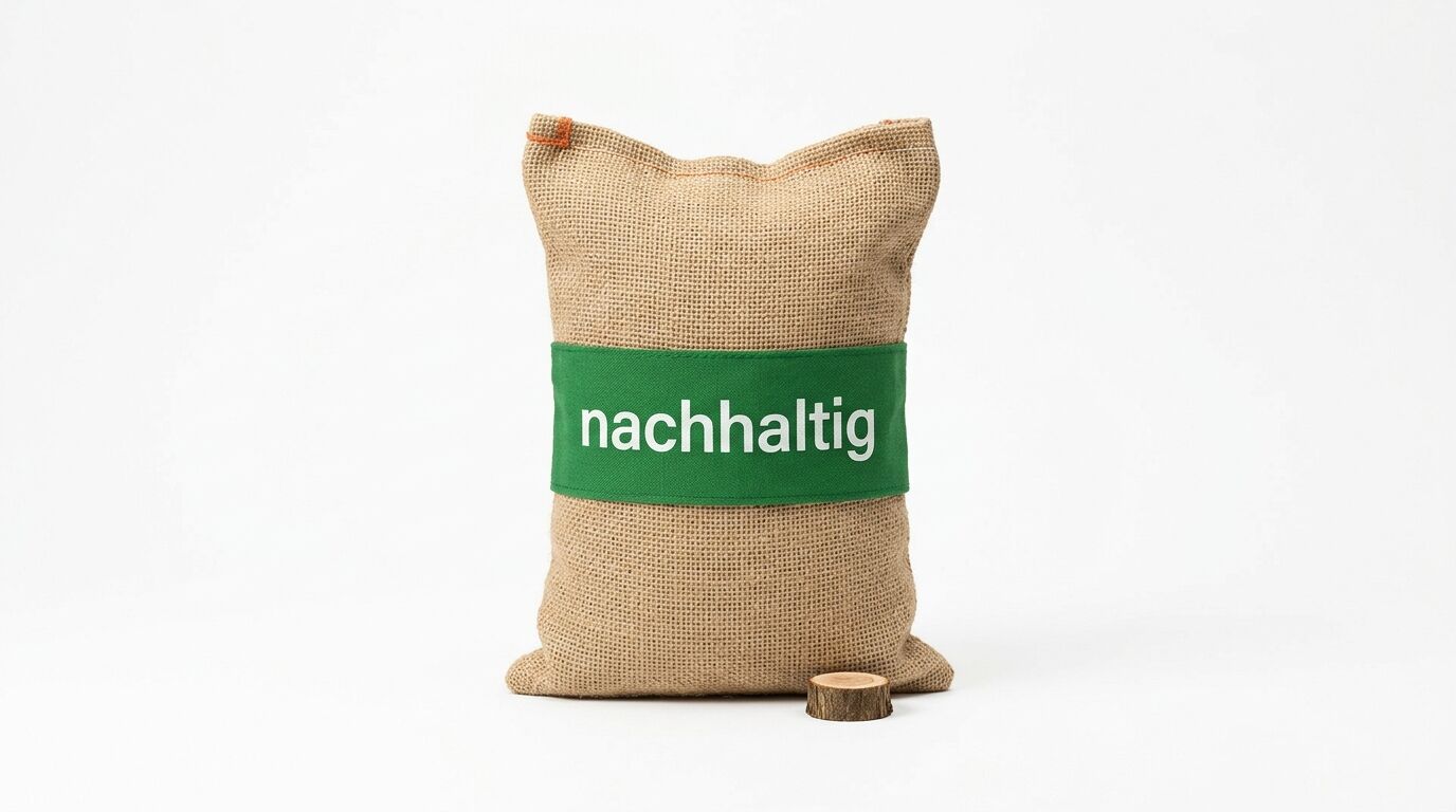 Sack aus Sackleinen mit grünem Band, darauf steht „nachhaltig“. Neben dem Sack liegt ein Holzstück