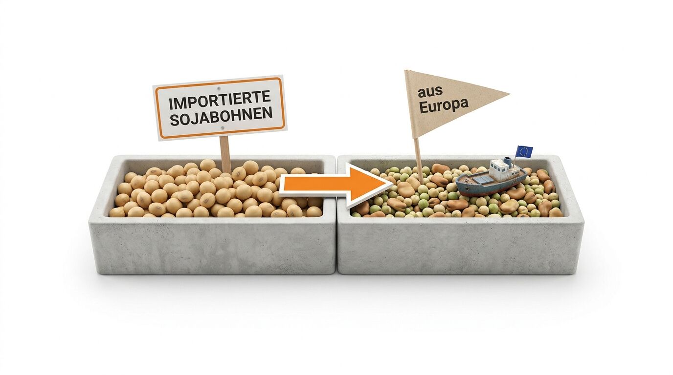 Vergleich importierter Sojabohnen und europäischer Hülsenfrüchte mit einem Pfeil