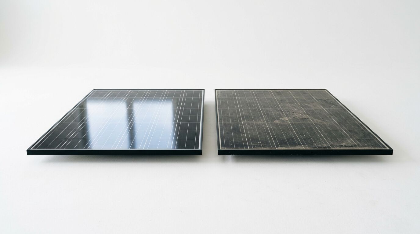 Vergleich zweier Solarpanels: links sauber und spiegelnd, rechts staubig und verschmutzt