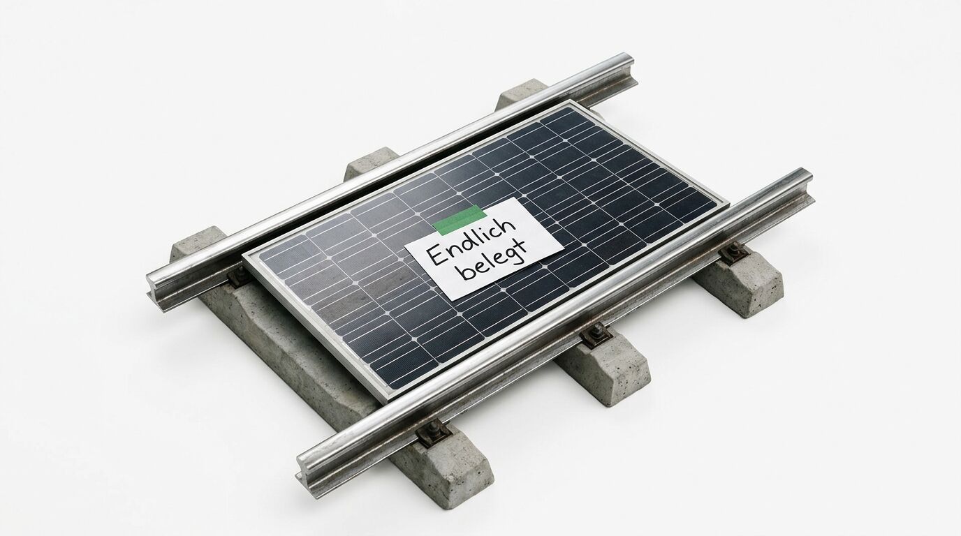 Solarmodul auf Eisenbahnschienen und Betonschwellen mit Zettel