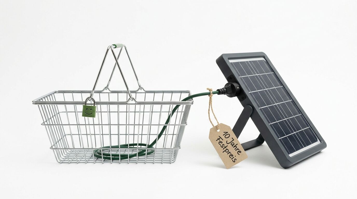 Einkaufskorb, verbunden mit Solarmodul und Preisschild „10 Jahre Festpreis“