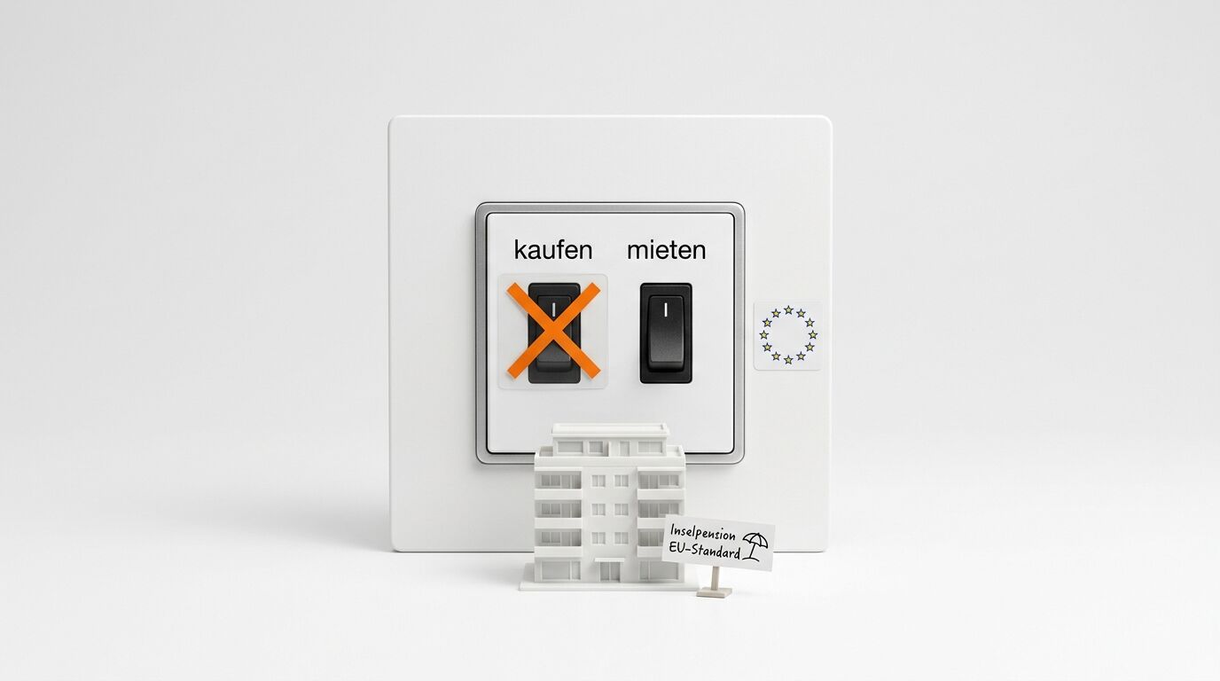 Lichtschalter mit Wörtern „kaufen“ (durchgestrichen) und „mieten“ über kleinem Hausmodell