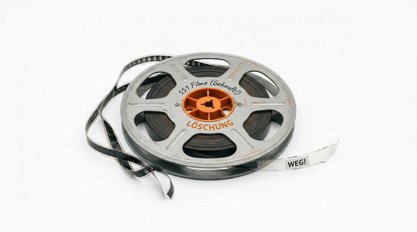 Metallene Filmspule mit der Beschriftung „551 Filme (Gekauft!)“ und „LÖSCHUNG“ auf weißem Grund