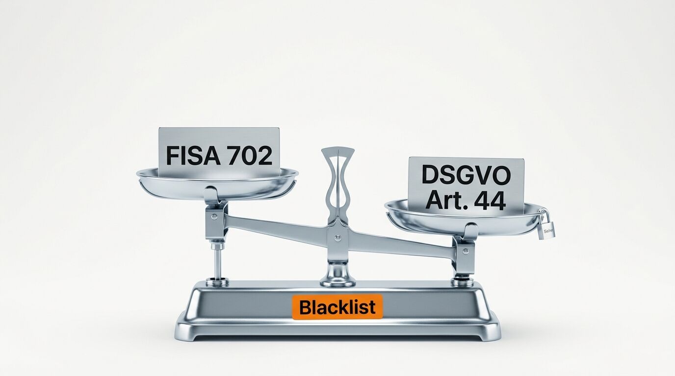 FISA 702 und DSGVO Art. 44 wiegen ungleich auf einer Waage mit Blacklist-Aufschrift