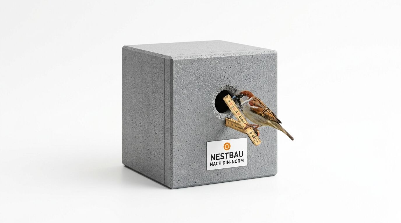 Spatz am Nistkasten mit Zollstock, Aufschrift „NESTBAU NACH DIN-NORM“