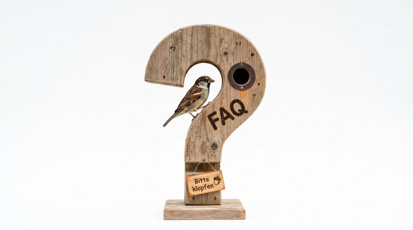 Spatz sitzt auf Holz-Fragezeichen mit Nistloch, FAQ-Schrift und „Bitte klopfen“-Schild