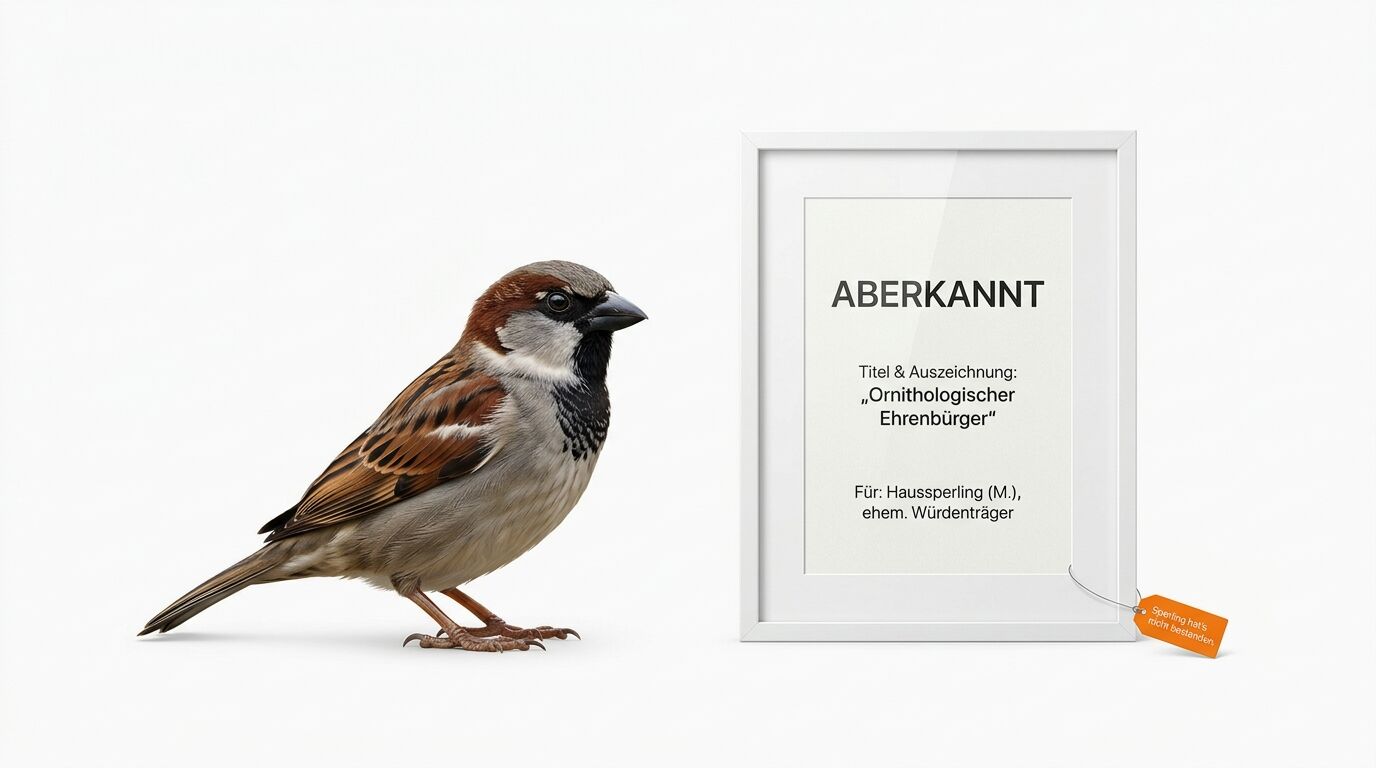 Ein Spatz steht links neben einem gerahmten Text über einen aberkannte Auszeichnung