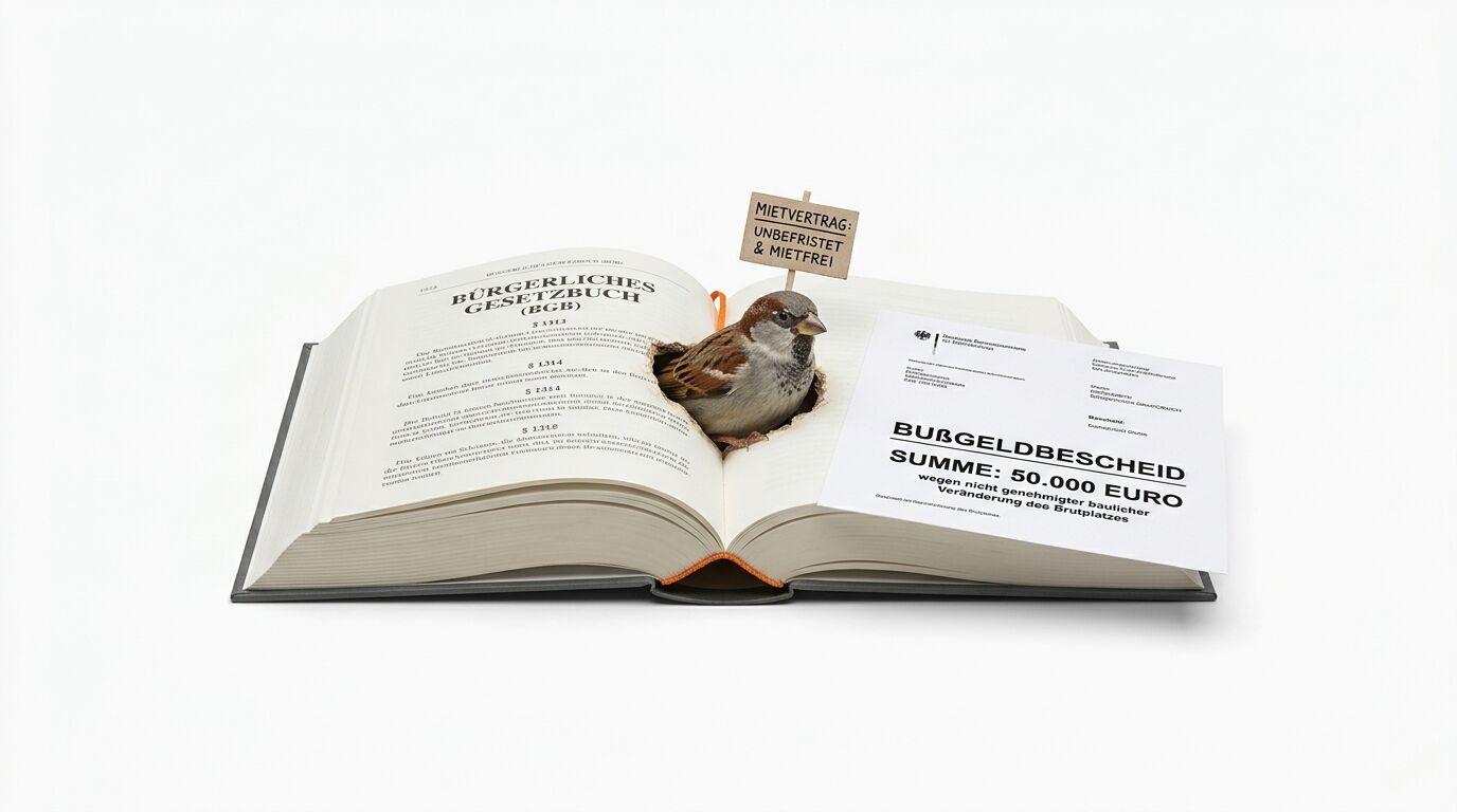 Spatz in BGB-Buch mit Schild „Mietvertrag“ und Bußgeldbescheid über 50.000 Euro