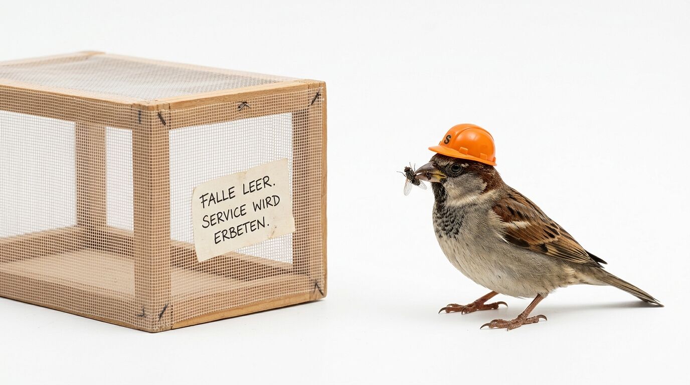 Spatz mit Helm und Fliege im Schnabel neben Falle mit Schild: 