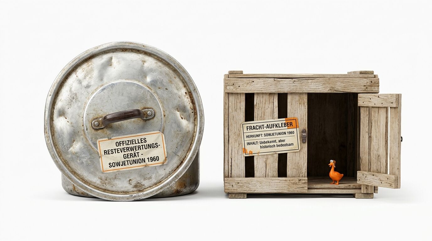 Offenes Metalletui mit Deckel, rechts Holzkiste mit kleiner Entenfigur, beide mit Etiketten