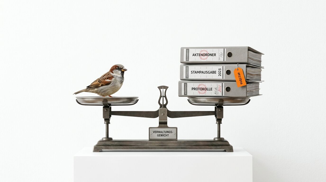 Ein Spatz und drei Aktenordner auf einer alten Balkenwaage, die ausgeglichen ist