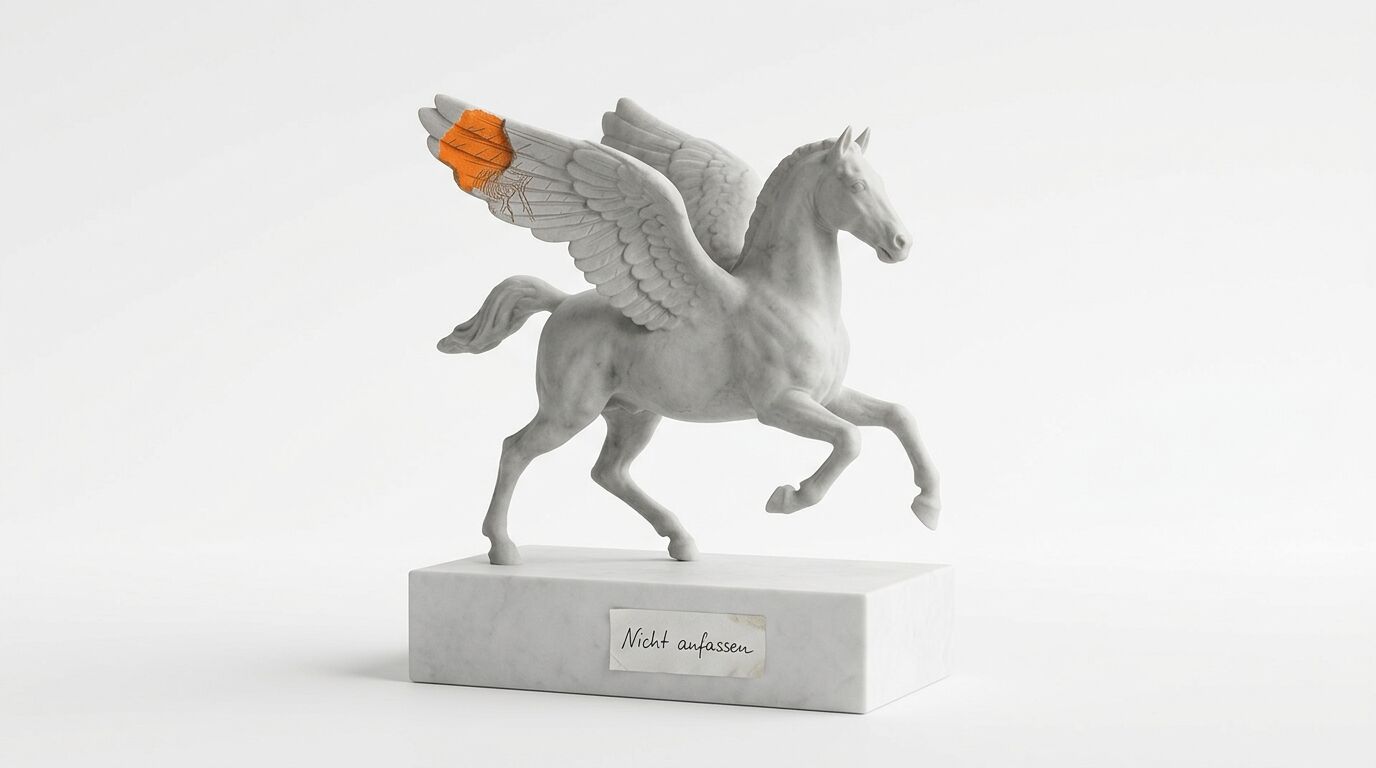 Marmorne Pegasus-Statue, orange markierter Flügel, Zettel „Nicht anfassen“ auf Sockel