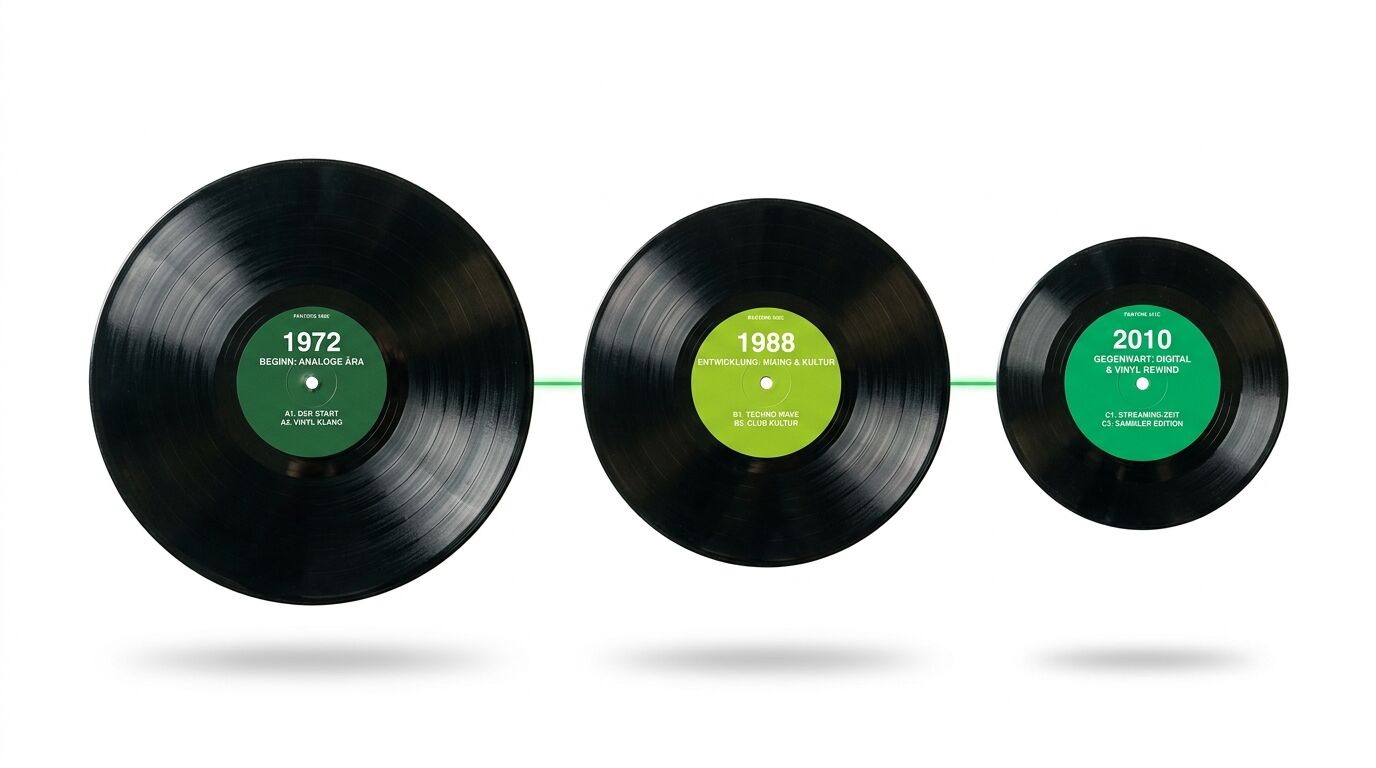Drei Vinylschallplatten in abnehmender Größe mit grünen Etiketten und Jahreszahlen