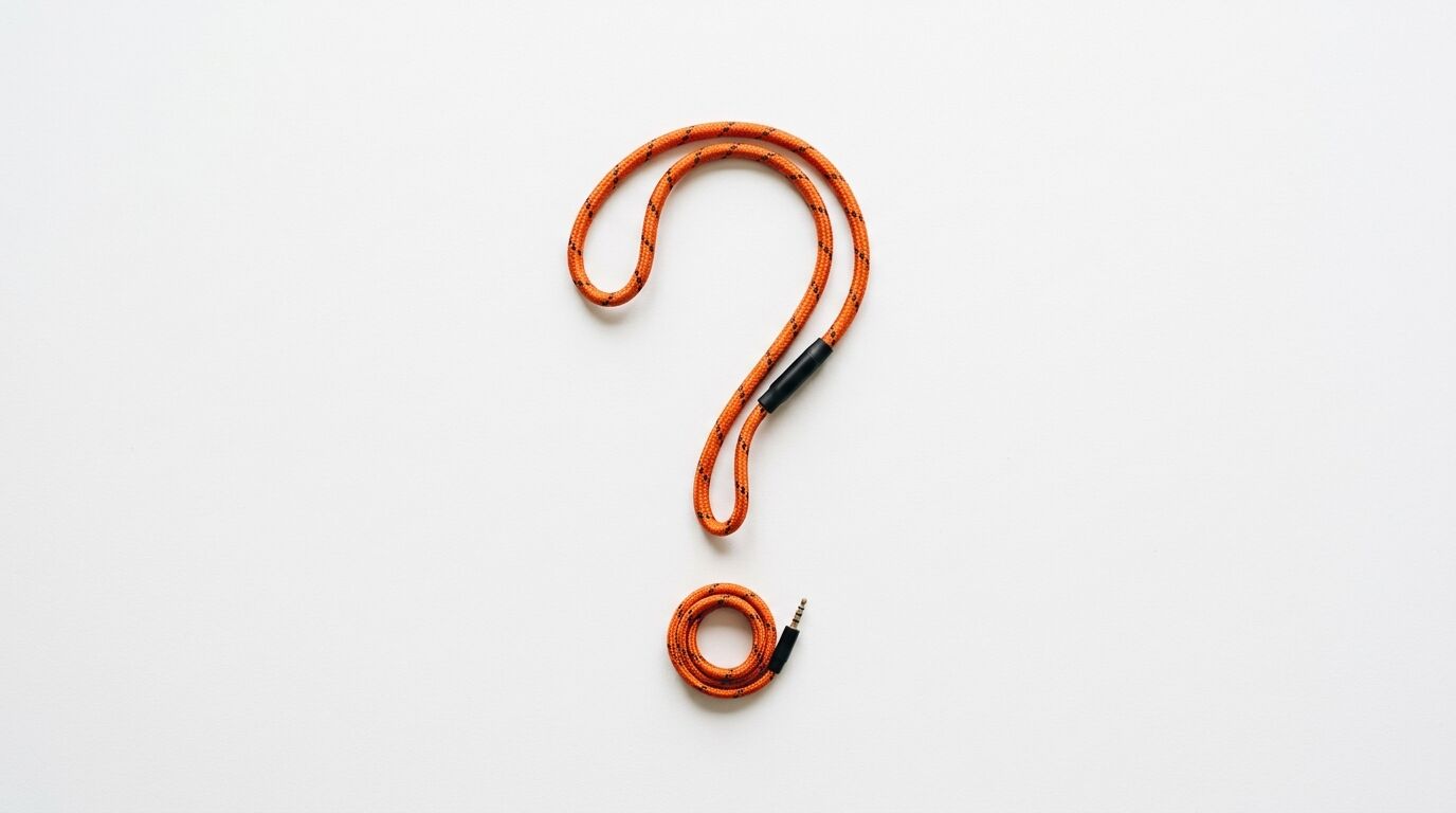 Ein orangefarbenes Audiokabel formt ein Fragezeichen vor weißem Hintergrund