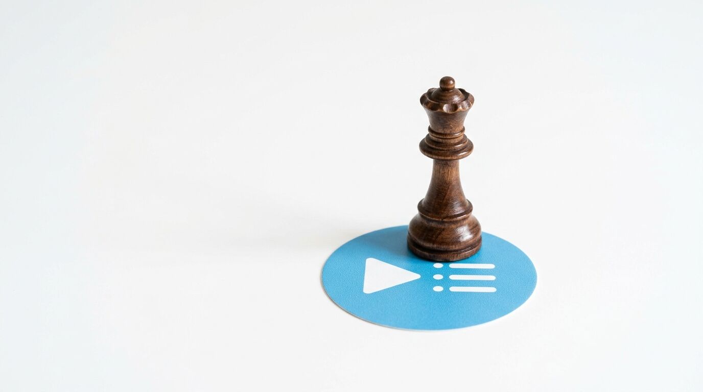 Eine dunkle hölzerne Schachkönigin auf einem blauen, runden Playlisten-Symbol auf weißem Grund