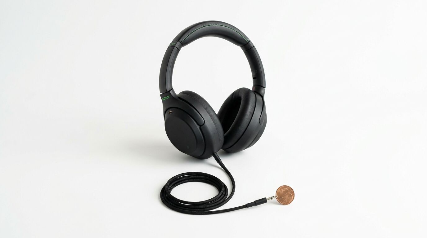 Schwarze Sony-Kopfhörer mit Kabel und einer Euromünze auf weißem Grund